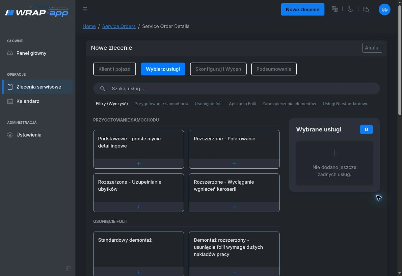 Kreator zlecenia i katalog usług w wrap-app